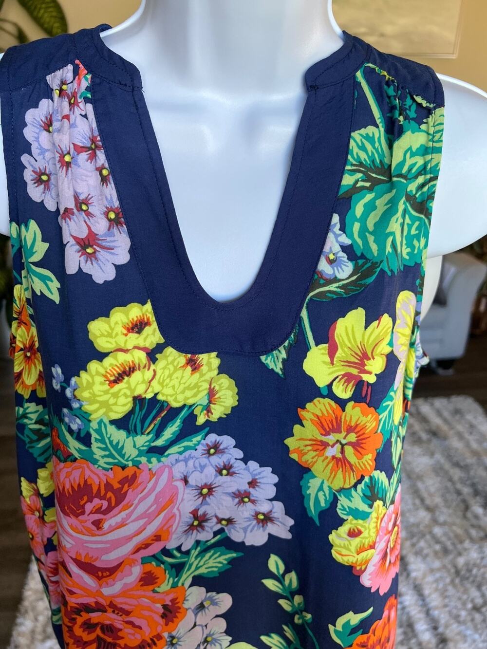 Maeve Anthropologie Melange Blue Floral Sleeveless Top Shirt Blouse Size 0 #666